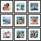 Vittanly 12x12 Picture Frames Set of 9, Shatter Resistant Plexiglass, Display 8x8 Pictures with Mat or 12x12 without Mat, Photo Frames for Wall Mount, Engineered Wood, Black