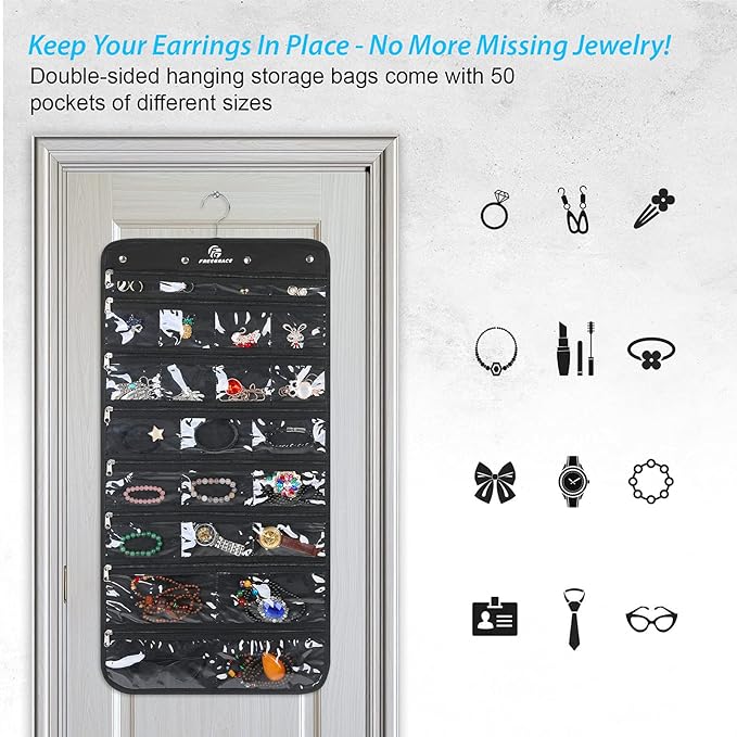 Freegrace Hanging Jewelry Organizer Revolving Hanger - Secure Zipper Closure - 50 Pockets - Foldable Storage & Display Solution - for All Jewelry & Bijoux (Black)