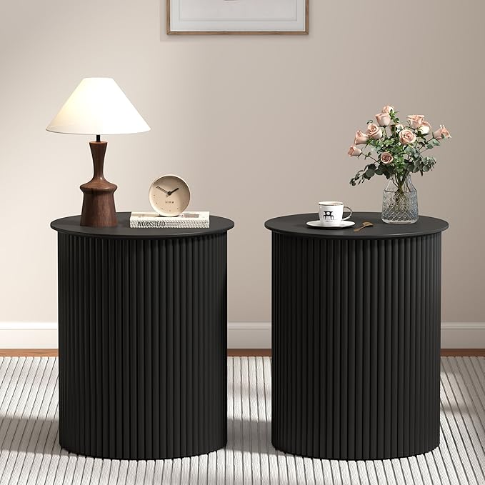 AVZEAR Small Round Side Table Fluted Night Stand Set of 2, 17.7" Mid Century Modern End Table, Circle Bedside Tables Wood Nightstands for Small Spaces, Living Room, Bedroom(Black)
