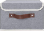 ANMINY Storage Bin with Lid Storage Boxes with PU Leather Handles PP Plastic Board Decorative Foldable Lidded Cotton Linen Fabric Home Cubes Baskets Closet Organizer Container - Gray, Small Size
