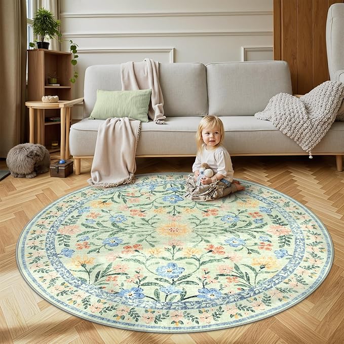 Wonnitar Washable Floral Round Rug, 6ft Sage Green Round Area Rugs for Bedroom Nursery, Boho Non-Slip Indoor Large Circle Carpets for Dining Room Living Room Kids Playroom
