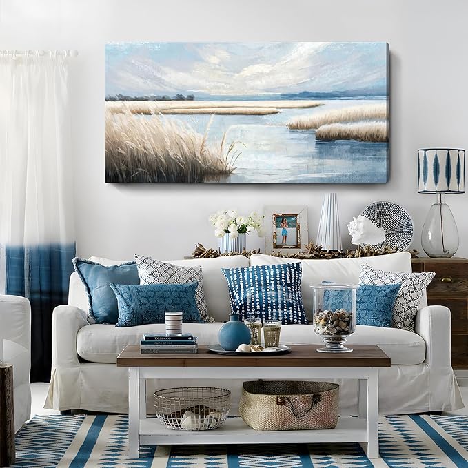 amatop Large Coastal Wall Art Abstract Landscape Beach Ocean Marsh Canvas Print Calming Soft Blue and Beige Wetland Picture Minimalist Neutral Nature Artwork for Bedroom Living Room Office 48x24
