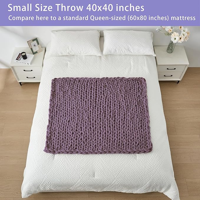 Bigacogo Chunky Knit Throw Blanket for Couch, 40x40 inches, 100% Hand Knitted with Thick Jumbo Chenille Yarn, Cozy Soft Large Rope Knot Cable Crochet Blankets for Sofa Bed Living Room, Winter Grape