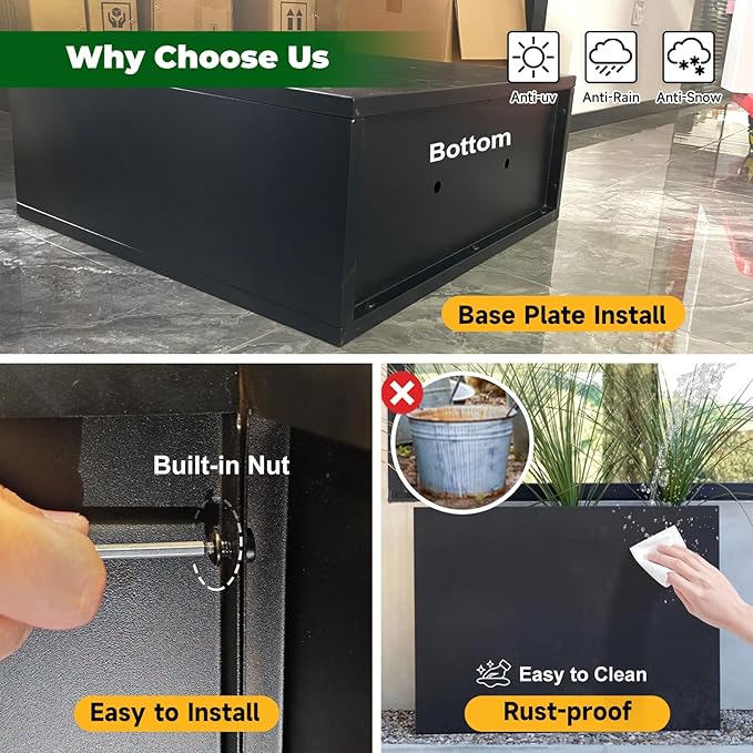 Galvanized Steel Metallic Heavy Planter for Outdoor Plants Metal Outdoor Planter Spliced Flower Box with Partitions for Outside,Indoor,Garden (Black, 30 * 12 * 24)