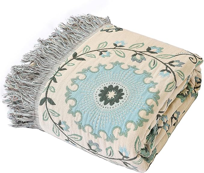 Snycler Boho Throw Blanket for Bed - 100% Cotton Ultra Soft Rustic Quilt - Blue Boho Floral Printed Farmhouse Decor Bed Blankets, 80"×90" All Season Rustic Throw for Sofa Couch Chair