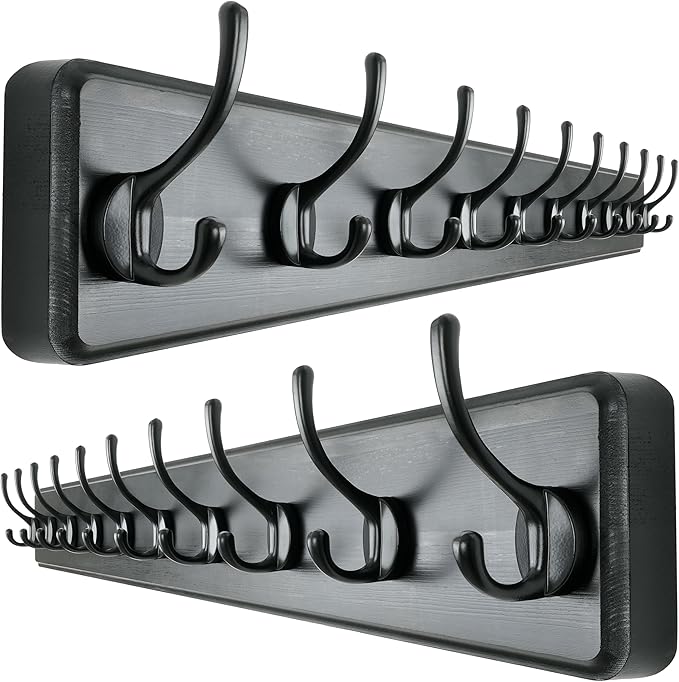 Dseap Wall Mounted Coat Rack: 38-1/4" Long, Patented, Heavy-Duty, 10-Double-Hooks Wooden Hanger Rail for Winter Coats, Hats, Jackets, Clothing - Black, Pack of 2