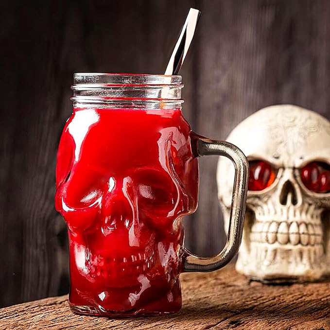 Halloween Cups Set of 4 - Skull Mason Jar with Lids Straws and Handle - Skull Drinking Glasses for Halloween Party Bar Decor (16 oz, Clear)