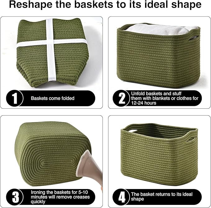 Storage Basket for Shelves, Small Baskets for Organizing, Woven Cotton Rope Baskets for Storage, Book Basket, Decorative Shelf Basket, 12.5"Lx9.1''Wx7.9''H (4 Packs) Green