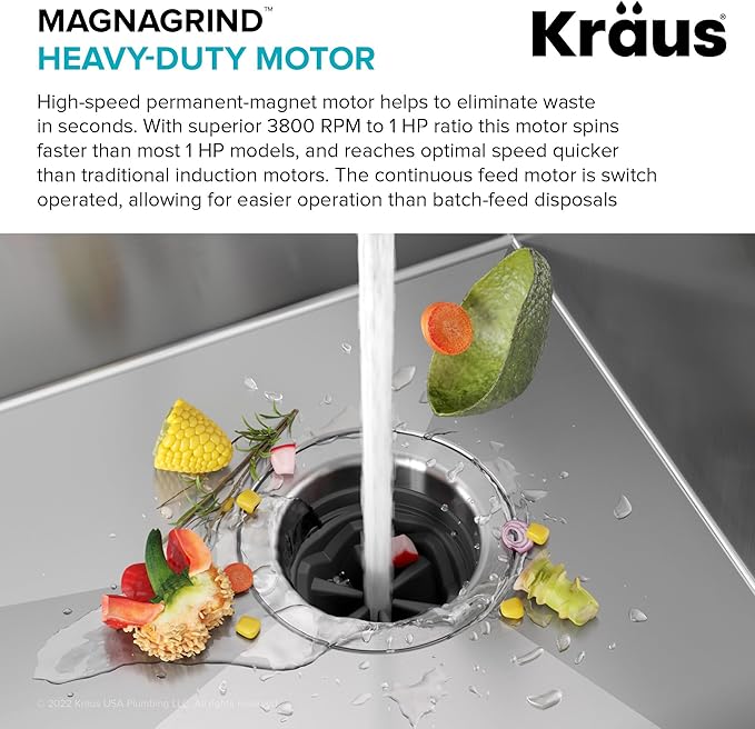 KRAUS WasteGuard High-Speed 1 HP Continuous Feed Ultra-Quiet Motor Garbage Disposal with Power Cord and Flange Included and Universal Mount, KWD200-100MGR