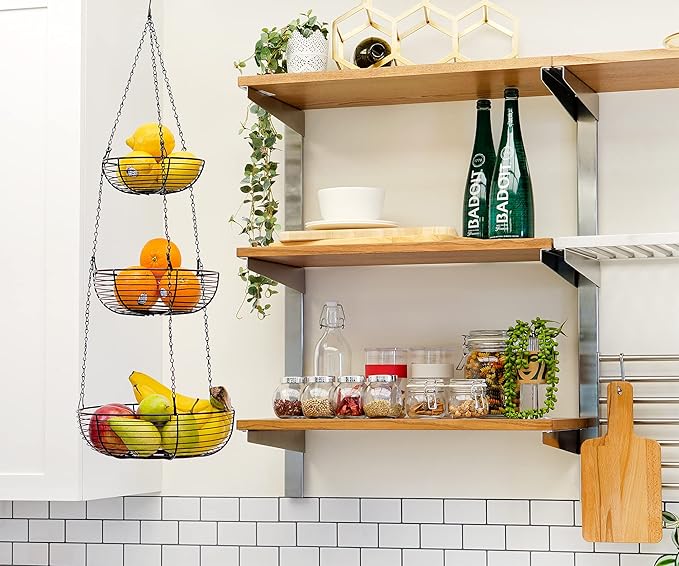 CAXXA 3-Tier Hanging Basket Fruit Organizer Kitchen Heavy Duty Wire Organizer with 2 Free Bonus Metal Ceiling Hooks, Black