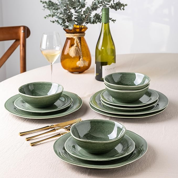 AmorArc Ceramic Dinnerware Sets, Handmade Stoneware Reactive Glaze Plates and Bowls Set, Scratch Resistant | Dishwasher & Microwave Safe Dishes Set, Service for 4 (12pc)
