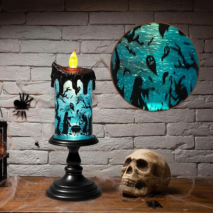 Eldnacele Halloween Snow Globe Flameless Candle with Timer, Battery Operated Spooky Spinning Water Glittering Tornado Lamp LED Candlestick Table Fireplace Witch Decal Halloween Holiday Decoration