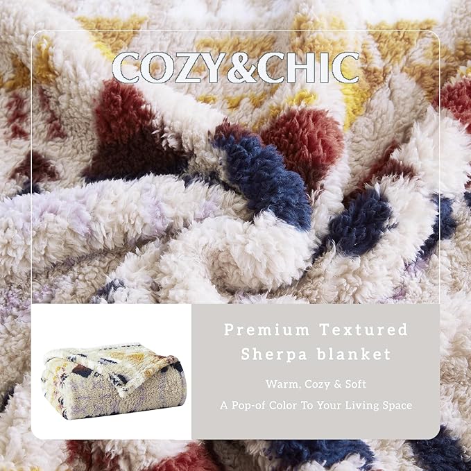 CASAAGUSTO Boho Sherpa Throw Blanket, Aztec Queen Blanket, Ultra Soft, Warm, Cozy, Plush, Thick Fleece Bohemian Throw Blanket for Couch, Bed, Sofa (Khaki 90 * 90 Inch)