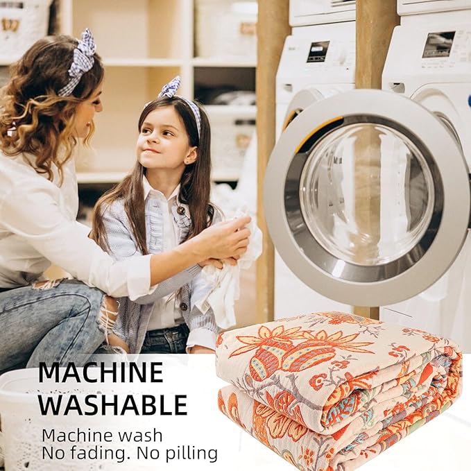 Boho Throw Blanket for Bed - 100% Pure Cotton Ultra Soft Rustic Quilt - Farmhouse Decor Bed Blankets, All Season Rustic Throw for Sofa Couch Chair(80''x 90'', Floral)