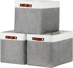 DULLEMELO Large Storage Baskets, Fabric Storage Basket with Leather Handles for Shelves Closet Nursery Toy Storage, Collapsible Fabric Baskets for Toy Book Magazine Towel Organizers(White&Gray)