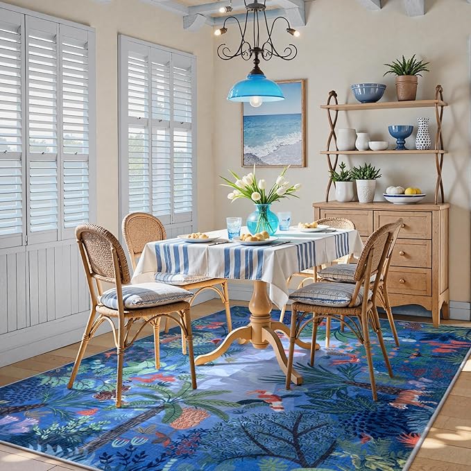 LIVEBOX Washable Jungle Animal Print 5x7 Blue Rug for Living Room, Non-Slip Kids Bedroom Rugs for Boy Playroom Kid Baby Room, Soft Stain Resistant Blue and Green Rug for Nursery Boy Dining