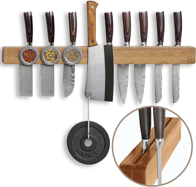 Premium 24 inch Magnetic Knife Holder for Wall with 2x Storage & Charming Wood - Knife Magnetic Strip, Under Cabinet Magnet Knives Storage - Magnet Strip Rack Kitchen Utensil Holder Organizer Tool