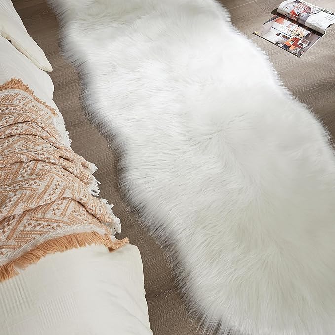 AMTOVO Faux Sheepskin Rug, White Ultra Soft Fluffy Shag Area Rug, 2 x 6 ft Faux Fur Rug for Bedroom Sofa Throw Cushion Room Decor, Sheepskin