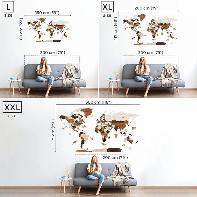 HYPERI Multilayered 3D Wooden World Map Wall Decor, Wood Art Wall Decor, Mapa Mundi Para Pared, World Maps and Push Pins, Valentine's Day Gifts For Dad, Mom, Boss, Husband, Wife (Large)