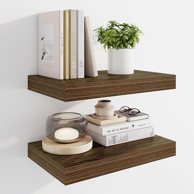 Marsmiles 16" Floating Shelves for Wall, Wooden Shelves with Invisible Brackets Set of 2, Rustic Farmhouse Wall Mounted Shelf for Kitchen Bathroom Living Room Study, Walnut