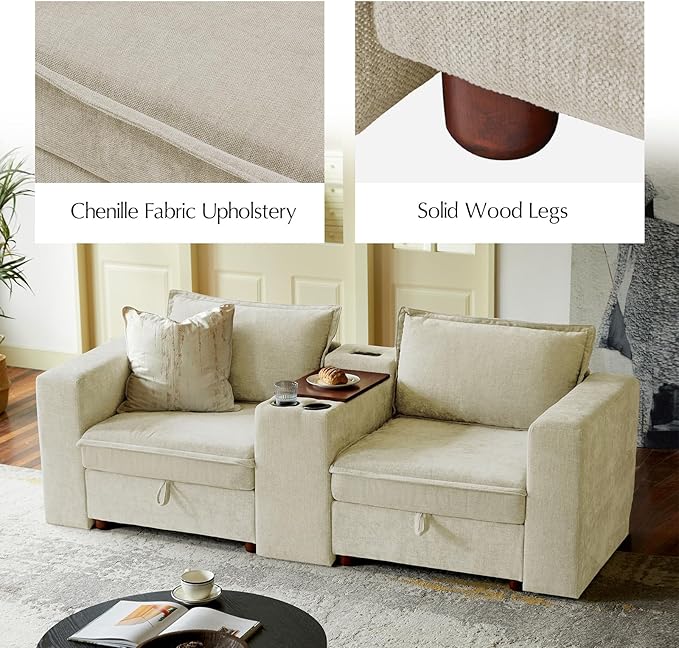HULALA HOME 88" Loveseat Sofa with USB Port and Console, Oversized 2 Seater Sofa with Storage Ottoman, Comfy Upholstered Loveseat Couch for Living Room Bedroom, FSC Certified, Beige