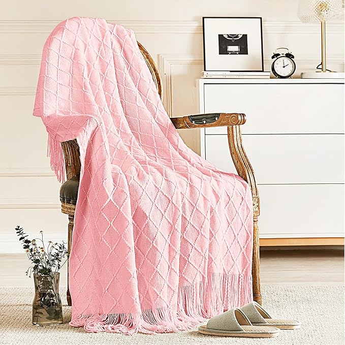 inhand Knitted Gift Throw Blankets for Couch and Bed,Valentines Day Decor Blanket for Her Him Girlfriend Wife, Pink Romatic Lightweight Decorative with Tassel, Farmhouse Warm Woven for Women, 50"x60"