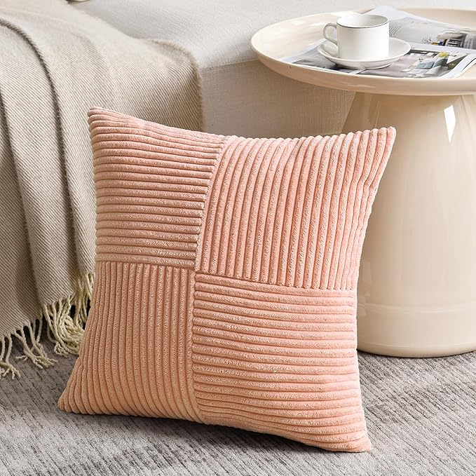 Fancy Homi 2 Packs Peach Decorative Throw Pillow Covers 20x20 Inch for Living Room Couch Bed Sofa, Rustic Farmhouse Boho Home Decor, Soft Corss Corduroy Patchwork Accent Square Cushion Case 50x50 cm