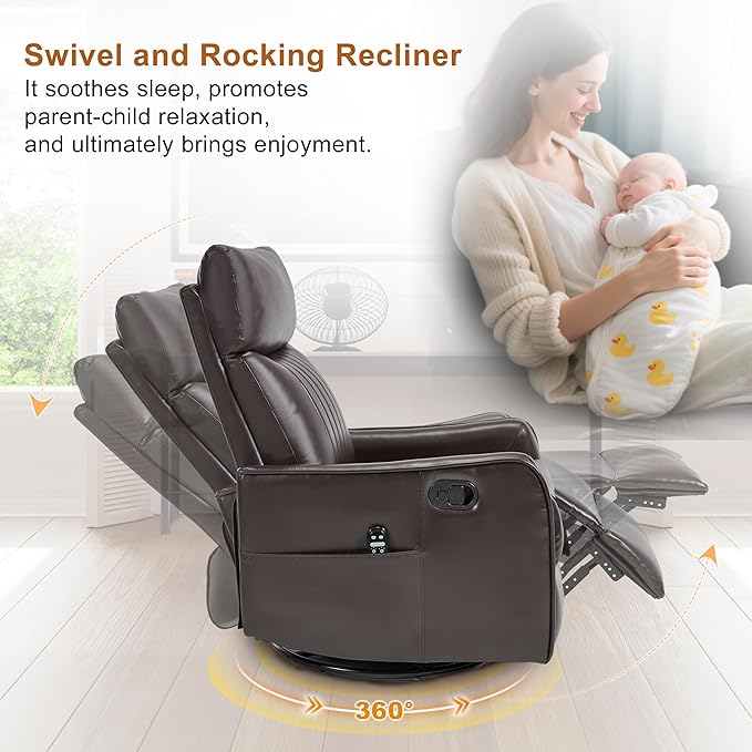 Manual Swivel Rocker Recliner Chair for Adults, Overstuffed Reclining Glider Chair for Nursing with Vibration Massage & Heat, Living Room Rocking Recliner 2-Stage backrest, Faux Leather Brown