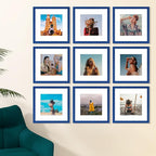 Vittanly 12x12 Picture Frame Set of 9 - Display 8x8 Photos with Mat or 12x12 Without Mat, Wall Mount Frames for Home Decor, Horizontal or Vertical (Blue)