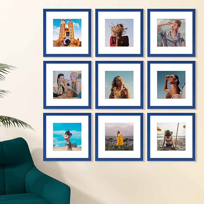 Vittanly 12x12 Picture Frame Set of 9 - Display 8x8 Photos with Mat or 12x12 Without Mat, Wall Mount Frames for Home Decor, Horizontal or Vertical (Blue)