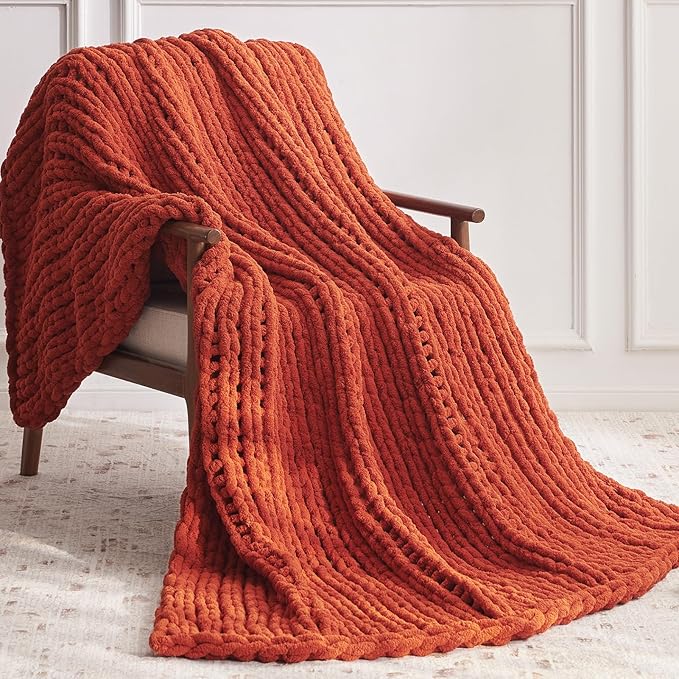 Chunky Knit Throw Blanket, 50''*60'' Fall Throw Blanket Knitted Chenille Yarn for Bed Couch, Handmade Orange Crochet Big Thick Blanket, Machine Washable Cute Comfy Blankets for Home Decor