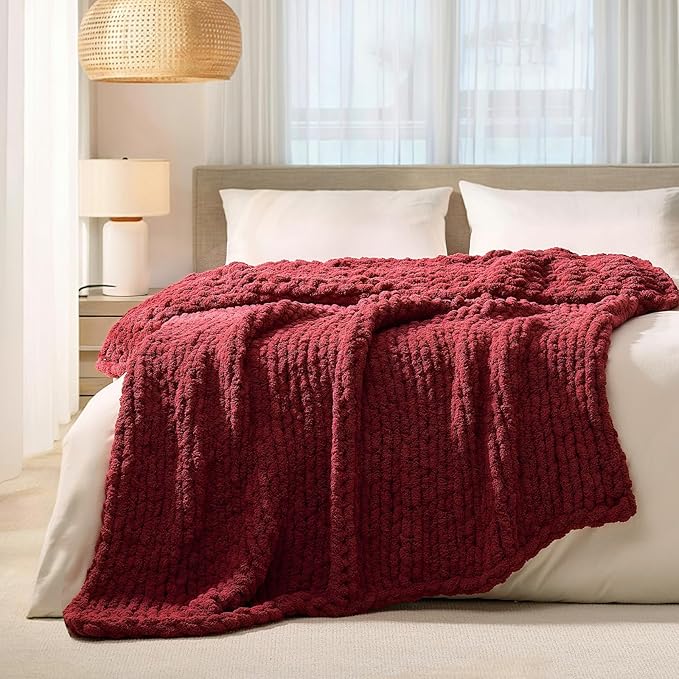 L'AGRATY Chunky Knit Blanket Throw: 50''x60'' Chenille Chunky Knitted Throw Blankets for Bed Couch - Handmade Thick Cable Knit Blanket - Large Crochet Rope Blankets for Home Decor(Maroon Red)