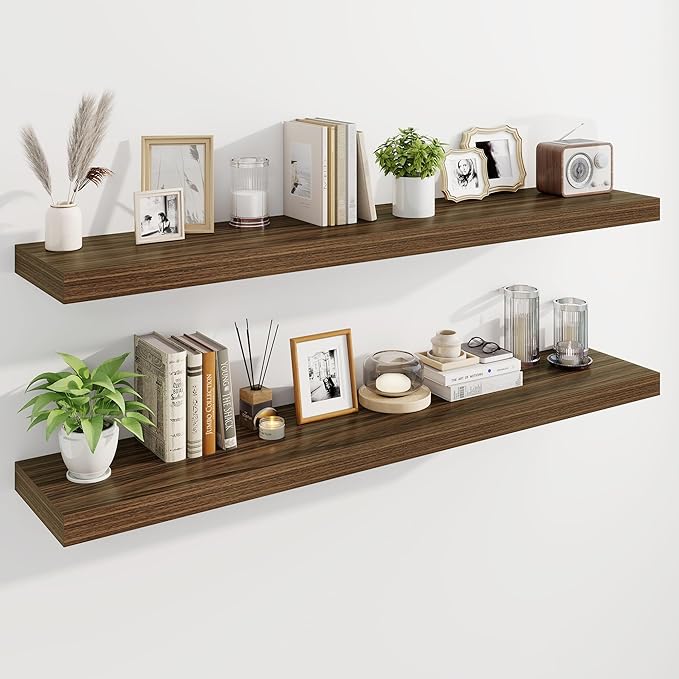 Marsmiles 55" Floating Shelves for Wall, Wooden Shelves with Invisible Brackets Set of 2, Rustic Farmhouse Wall Mounted Shelf for Kitchen Bathroom Living Room Study, Walnut