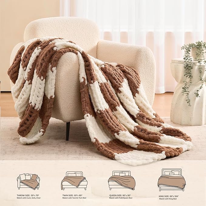 L'AGRATY Chunky Knit Blanket Throw: 60''x80'' Chenille Chunky Knitted Throw Blankets for Twin Bed Couch - Handmade Thick Cable Knit Blanket - Large Crochet Blankets for Home Decor(Brown Checkered)