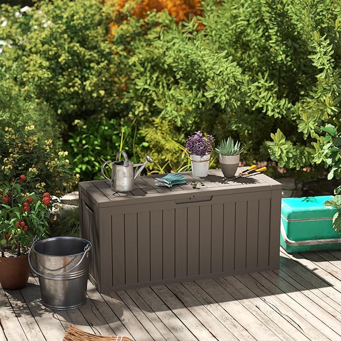 75 Gallon Double-Wall Resin Deck Box - Lockable Waterproof Outdoor Storage Box, 515lbs Capacity & Doubles as Seating for Patio Furniture - Garden Tools, Pool Accessories (Brown)