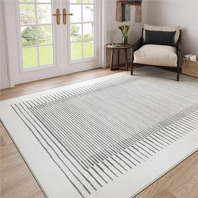 Wonnitar 5x7 Washable Striped Living Room Area Rug, Non-Slip Grey Boho Rugs for Bedroom, Low Pile Soft Minimalist Floor Carpets for Dining Room Home Office (Grey,5' x 7')