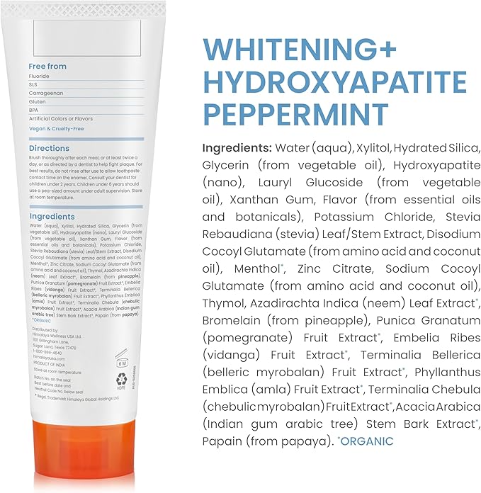 Himalaya Botanique Whitening + Hydroxyapatite Toothpaste, Peppermint - Nano Hydroxyapatite to Support Remineralization and Restore Enamel, Appropriate for Sensitive Teeth - Gluten Free, 4 oz, 2 Pack