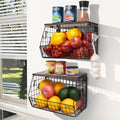 Fruit Bowl, Stackable Wall Mounted Fruit Basket of Smooth Wood Lid with 4 Banana Hanger Hooks, Metal Kitchen Counter Organizer for Snack, Fruit and Vegetable Storage, 11.8 * 7.9 * 8.5 Inches