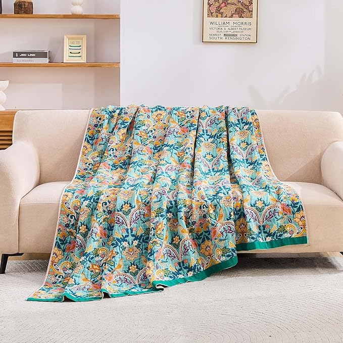 Boho Blanket Throw Quilt, 100% Cotton Soft Light Weight Throw Blankets for Summer, 50"x60" Farmhouse Flower Decorative Blankets, All Season Rustic Reversible Bohemian Throw Quilt