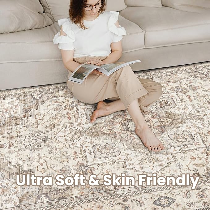 Washable Area Rugs for Living Room - 6x9 Neutral Vintage Distressed Floral Farmhouse Boho Large Soft Floor Rug Indoor Non Slip Carpet for Bedroom Dining Room Office - Brown/Multi