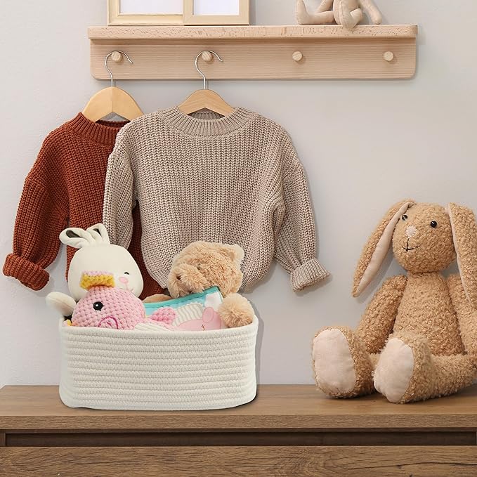 Small Woven Storage Baskets 12“X8”X5“ Decorative Rope Bins for Organizing Shelves, Closets, and Toys, Empty Gift Baskets, Cute Organizer Basket for Home and Office (white, regular)