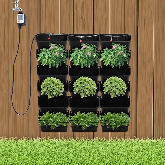 Self-Watering Wall-Mounted Planter, Vertical Garden Planter Set with 18 Pots, Stackable Plant Grow Pots with Electronic Timer for Growing Veggies, Fruits, Herbs, Flowers.