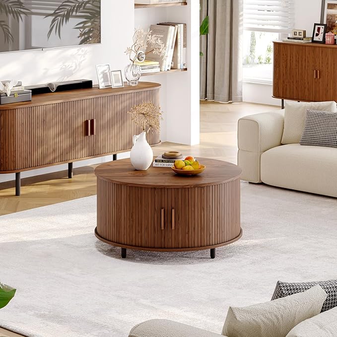 Round Coffee Table with Storage, 31.5" Modern Coffee Table with 360° Curved Sliding Door, Fluted Wood Accent Coffee Table with Adjustable Footpads, Round Center Table for Living Room, Walnut