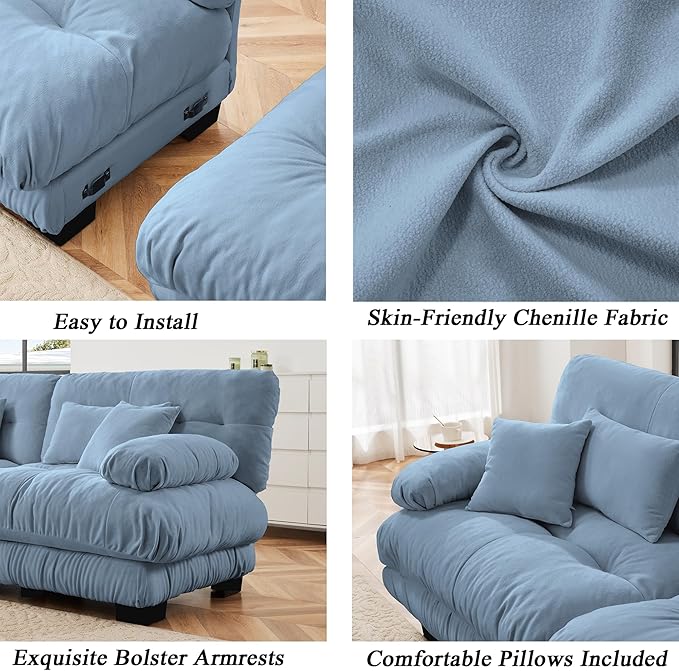 Modular Sectional Sofa, Comfy Cloud Couch Oversized Loveseat with Ottoman, Sectional Couches for Living Room, Modern Chenille L Shaped Couch, Sleeper Deep Seat Sofa with Throw Pillows, Blue
