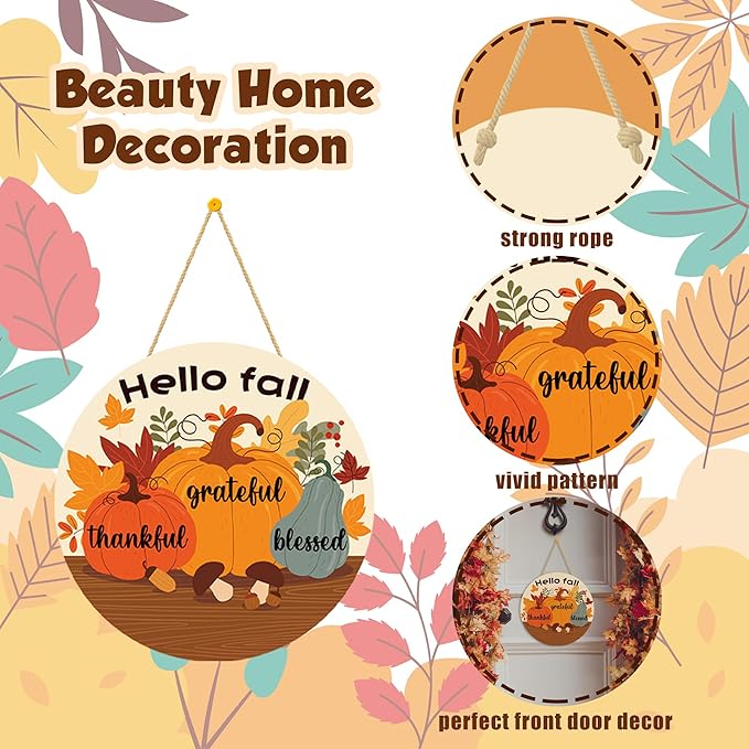 Fall Decorations for Home - Welcome Sign for Front Door,Rustic Round Wood Wreaths for Outdoor,Maple Leaves Garland Porch Decor for Thanksgiving Friendsgiving - Fall Decor for Room Kitchen Wall