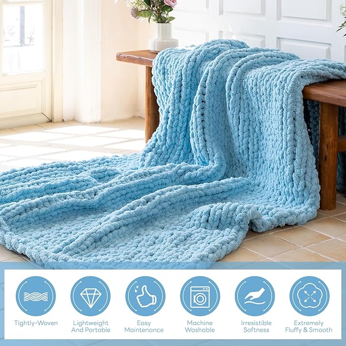 Chunky Knit Blanket - Luxury Soft Cozy 60 * 80 Throw Blanket,100% Woven Blanket Rope Knot Throw Blanket for Couch, Sofa, Home Decor, Gift - Machine Washable（Light Blue）