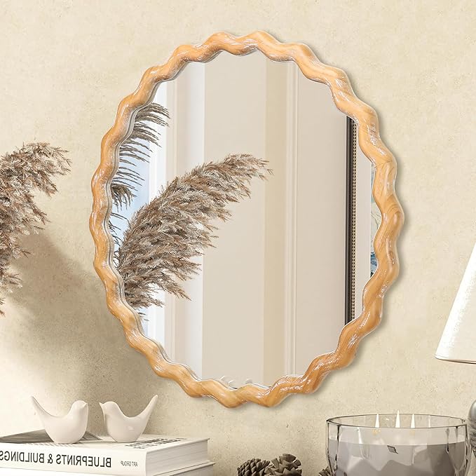 Wavy Mirror 27.5x27.5 Inch, Decorative Bathroom Mirror with Natural Wood Frame, Entry Way Mirrors for Wall, Shatterproof Glass, Mirrors for Wall Decor