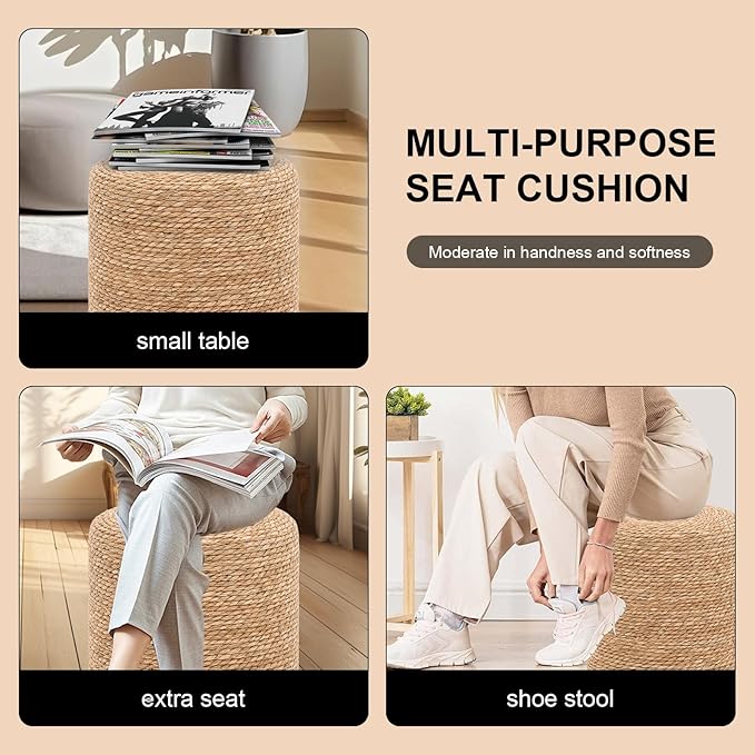 16'' Round Ottoman Natural Seagrass Braided Poof Hand Weaving Round Ottomans Boho Footrest Stool for Home Living Room Bedroom Patio(Natural)