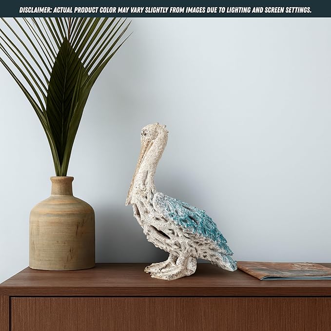 Blue Pelican Standing Figurine 13.75” Coastal Coral Reef Home Decor Nautical Beach Statue for Tabletop Shelf or Mantel Ocean Inspired Room Accents