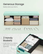 SONGMICS MAZIE Collection - Storage Ottoman Bench, Foldable Foot Rest, 15 x 43 x 15 Inches, End of Bed Bench, Storage Chest, Load 660 lb, Living Room, Bedroom, Entryway, Moonlight Green ULSF604C01